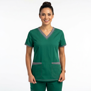 Women's V-Neck Scrub <b>Top</b> Green With Gray Accents Short Sleeve Two Front Pockets Hospital Uniform Wear - Product Image 1