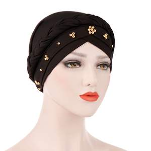 Chapeau turban africain en fibre de lait tressée pour femmes musulmanes de couleur unie <span class=keywords><strong>avec</strong></span> <span class=keywords><strong>perles</strong></span> dorées - Product Image 5
