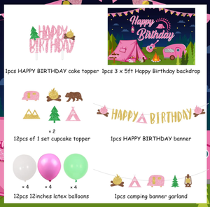 Guirlande de bannière suspendue pour fête d'anniversaire de fille, thème <span class=keywords><strong>camping</strong></span>, décoration de fond, affiche, ballons en latex à hélium, décorations de gâteaux et cupcakes - Product Image 6