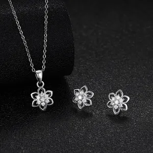 Platinum Zircon Flower Fashion Set Necklace S925 Sterling Silver Korean Earrings Temperament Earrings Fashion Crystal Pendant