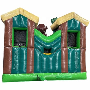 Château gonflable tropical 3D avec toboggan double, zone de saut et obstacles, contenant un perroquet, un flamant rose et un singe - Product Image 6