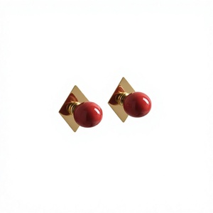 Red Resin Ball Knob With Brass Diamond Shape Backplated Premium Quality Hardware <b>Accessories</b> Modern Home Decor Knobs Set of 2 - Product Image 1