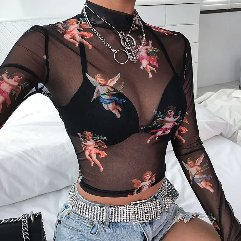 Camiseta Sexy de malla para mujer, remeras transparentes de manga larga, blusas ajustadas transparentes con cuello de tortuga, ropa para mujer