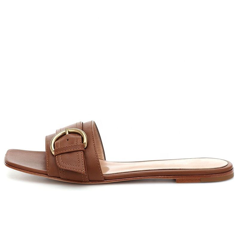 Plus Size Casual Summer Flat Shoes Brown Slides Buckle Square Toe Slippers  for Women