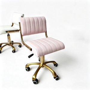 Sillón de Barbería Blanco Dorado Tapizado, Taburete de Salón Ajustable con Ruedas y Respaldo - Product Image 1