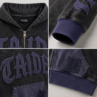 TaiDe Hoodie zippé 480GSM, certifié Sedex, délavé à l'acide, patchwork, broderie motif ange Renaissance, bords bruts, coupe oversize, streetwear, ODM