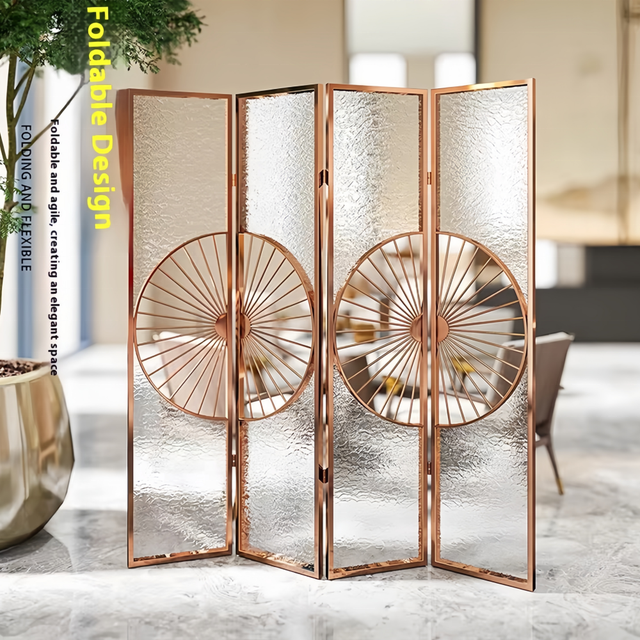 Modern Commercial Openwork Stainless Steel Frame Glass Folding Screen Divider Hollow Lobby Partition Trennwand Metal