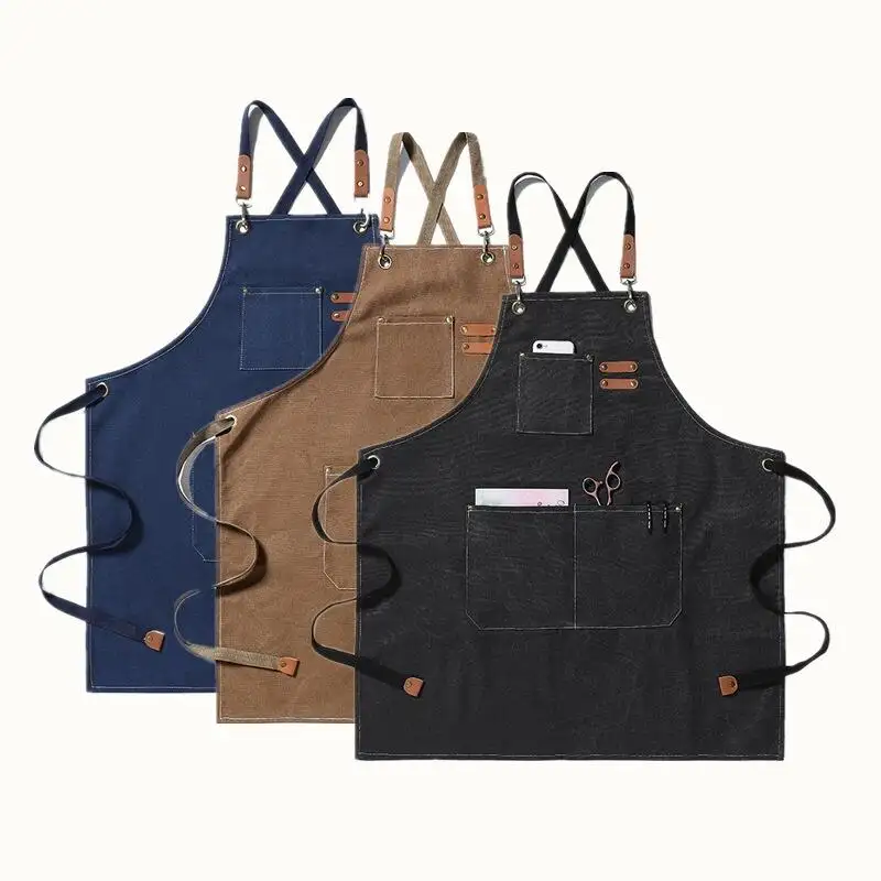 Customized Wholesale High Quality Aprons Kitchen Cotton Canvas Cross Back Unisex Work Chefs Leather Apron