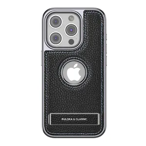 PULOKA nuovo Design cassa del telefono in pelle prezzo di fabbrica Logo personalizzato di marca per iPhone 14 13 12 15 con cavalletto invisibile Cover posteriore