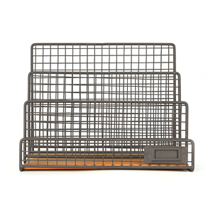 Porte-revues de papeterie de bureau rétro en métal noir à 3 fentes accessoires de bureau multifonctionnels grilles panier de rangement en bois - Product Image 6