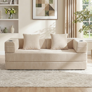 Contemporary Two-Seater Convertible Sofa Bed, Vacuum Packed Boucle Leisure Couch with Built-in Cup Holders - Product Image 1