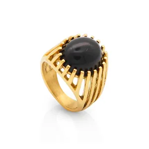 Chris April Non Tarnish 18k PVD Plated 316L Stainless Steel Black Onyx Fashion Jewelry Women Ring