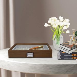 Wooden Fountain <b>Pen</b> Display <b>Box</b> 32.2cm x 20cm x 5.7cm Glass Lid Storage Case For Stationery Organization - Product Image 3