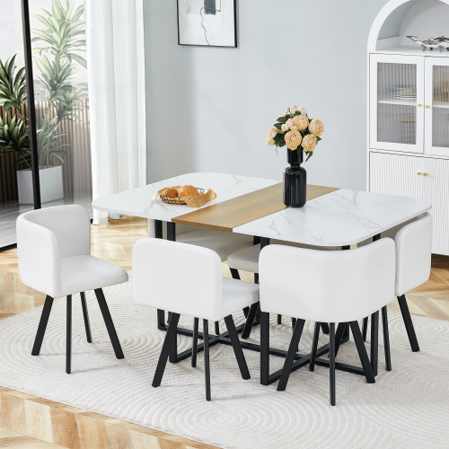 White Wood Rectangular Table + White Chair + Seats 6