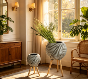 Leaf Embossed Spherical Tripod Plant Pot Set of 2, <b>Ball</b>-shaped Textured Standing Flower Planter with Wooden Legs, Indoor Outdoor - Product Image 4