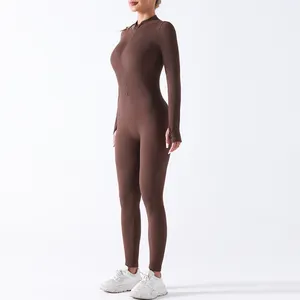 1 Piece Bodysuit Half Zip Long Sleeved Slim Fit Jumpsuit Fitness Workout Sports Yoga Jumpsuit For Women