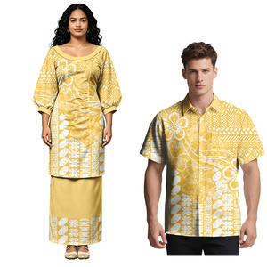 Tenues de couple assorties : Chemises polynésiennes à poches pour hommes et Robes Puletasi à manches mi-longues pour femmes, imprimé hibiscus hawaïen, motif Tapa Samoan - Product Image 2