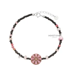 Popular Boho Waterproof Bracelet Natural Stones Pink Flower Jade 925 Silver Bracelets