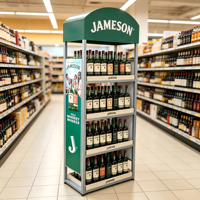 Présentoir à spiritueux sur mesure, support de bouteilles de vin autoportant pour supermarché, personnalisation du logo et de l'illustration