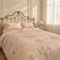 Parure de lit Princesse 100% Coton 3 pièces avec housse de couette à volants et dentelle, imprimé floral réactif rose pour chambre à coucher