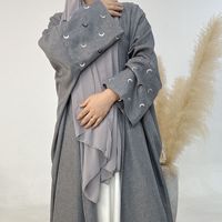 Vente en gros HANO Abaya brodé lune Manteau Kimono musulman Robes vêtements islamiques Dubai ouvert Abaya femmes personnalisé Abaya en lin