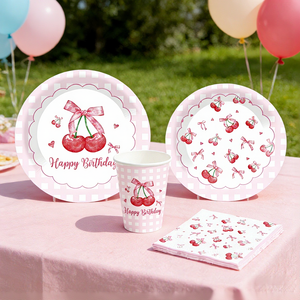 Ensemble de vaisselle sur le thème des fruits DAMAI avec motif cerise Comprend des assiettes en papier rondes, des gobelets, des serviettes Sert 8 personnes - Product Image 2