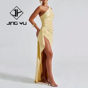 Manufacturer Luxury Light Fashion <b>Dress</b> Women Asymmetric Pleated <b>Sexy</b> One Shoulder <b>Dress</b> Custom Satin Maxi <b>Dress</b> - Product Image 3
