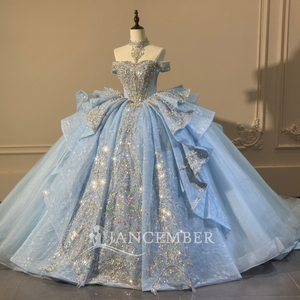 Xs313 Modern Stunning Crystal Choker Shoulder Scattered Rhinestone Ruffle Baby Blue Glitter <b>Ball</b> <b>Gown</b> Chapel Quinceanera Dress - Product Image 2