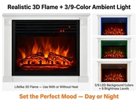 Cheminée électrique mobile autoportante tout-en-un avec foyer décoratif, chauffage, flamme 3D, lumière LED bleue, pour usage extérieur et hôtelier