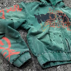 Streetwear Designer Acid Washed Vintage <b>Hoodie</b> Cotton French Terry Dtg Print <b>Zip</b> <b>up</b> Men <b>Cropped</b> Rhinestones Distressed Hoodies - Product Image 3