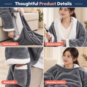 Heated Wearable <b>Blanket</b> Long Robe Sherpa Lined Gray White Flannel Soft <b>Warm</b> Electric Heating Cape Hanging Storage Modern Style - Product Image 4