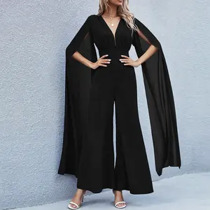 Women's Jumpsuit Backless Solid Color V Neck Elegant Party Evening Street Regular Fit Long Sleeve Black