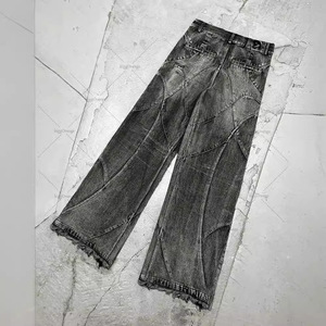 Pantalones Vaqueros Rectos de Mezclilla con Estampado, Estilo Gótico Urbano Y2K para Hombre, Lavado Oscuro, Holgados, Anchos, Desgastados, con Costuras Deshilachadas, para Otoño - Product Image 5