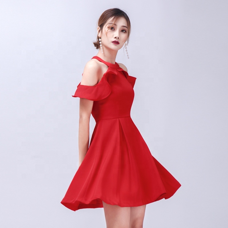 De alta calidad sin espalda Halter elegante de la boda de fiesta de noche de luna de miel, Sexy Mini vestido