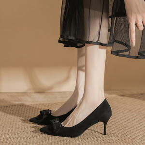 Zapatos de Tacón de Ante con Punta Puntiaguda Estilo Coreano, con Lazo en el Talón, para Mujer, Elegantes para el Verano, Uso Diario, Color Nude y Negro, 6 cm - Product Image 3