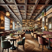 Ensemble de meubles de salon de café de luxe, banc en cuir de restaurant, table et chaises en bois de chêne carré