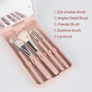 2024 New Travel Rechargeable Usb Led Mirror Makeup Brush Set 5Pcs Makeup Brush Set With Led Light Mirror And Case