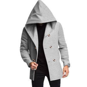 Nouveau Trench-coat <span class=keywords><strong>Homme</strong></span> Printemps Style Européen et Américain, Mi-long, Croisé, Col Montant, Coupe Slim, avec <span class=keywords><strong>Capuche</strong></span>, Couleur Unie Décontractée - Product Image 1