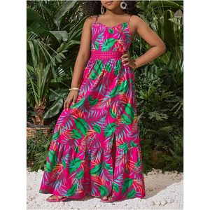 Tropical Print Cami Dress <b>Spaghetti</b> Strap Elastic Waist Tiered Split Thigh Vacation Flowy <b>Long</b> Dress Women Casual - Product Image 3