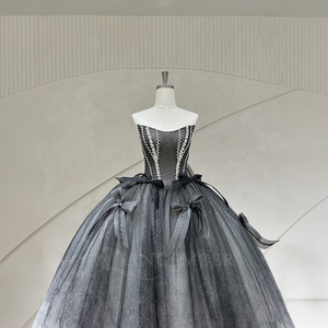 Spjy004 Elegante Vestido de Quinceañera Ombre Negro, Sin Tirantes, con Cuentas en el Corpiño, Brillante, de Tul en Capas, con Detalle de Lazo, Jancember - Product Image 3