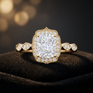 Bague de fiançailles vintage avec halo de diamants de laboratoire certifiés IGI, taille coussin, avec accents ronds en or 10K, 14K, 18K, argent 925, 935 - Product Image 1