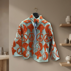 Veste gris clair pour femme avec motifs brodés orange (paix, Yin Yang et abstraits) – Vêtements d'extérieur décontractés et tendance, vente en gros de vestes - Product Image 1