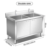 Évier de cuisine double cuve robuste avec meuble de rangement intégré en acier inoxydable, évier utilitaire de préparation pour bar commercial et cantine