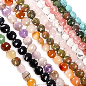 Semi Precious Coin Flat Round Beads, Red Yellow Round Oval Natural Flat Stone Beads for Necklace Bracelets DIY Jewelry Making