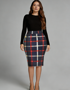 Falda lápiz elástica de poliéster a cuadros vintage de talla grande Joyinspring, cintura natural, ajustada, hasta la rodilla, para primavera - Product Image 6