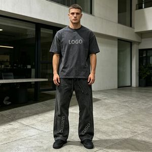 Conjunto de 350g para hombre, camiseta con cuello redondo y pantalones jogger con relieve, conjunto de dos piezas de verano 100% algodón jersey para hombre. - Product Image 5