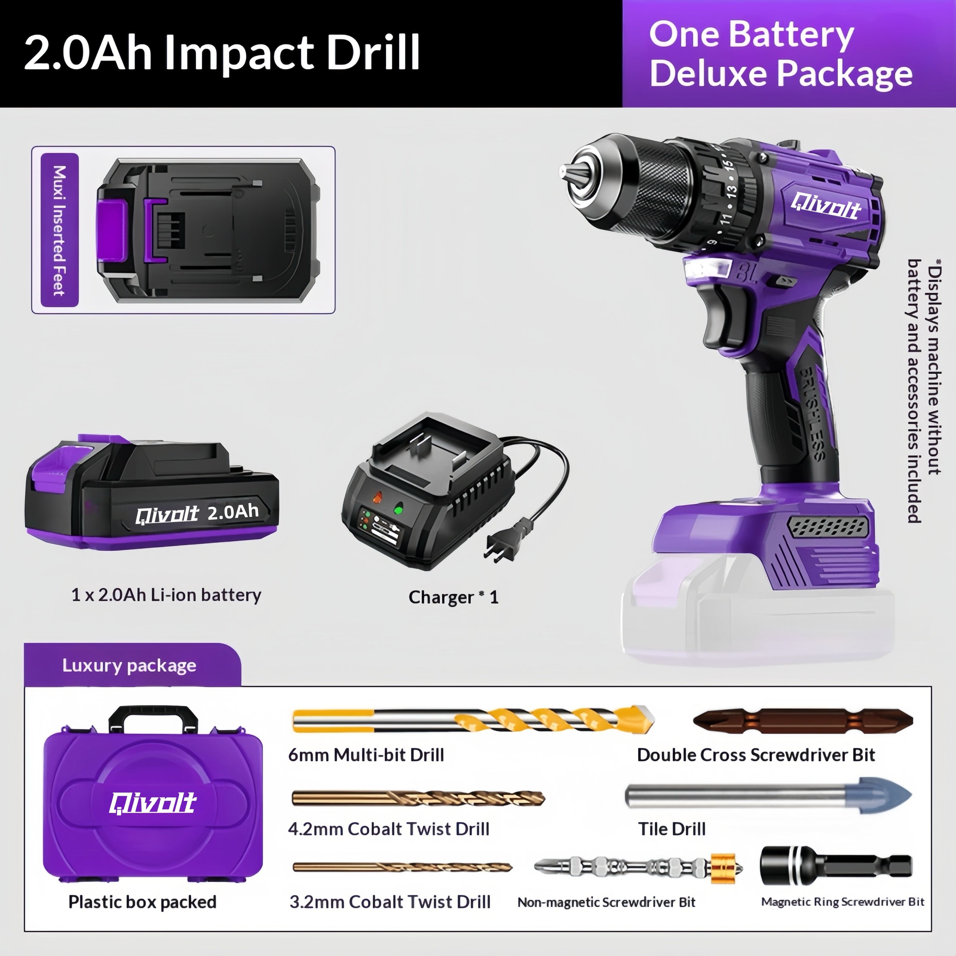 (Purple)Smart Drill with 1pcs 2Ah battery & charger
