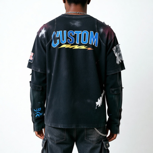 T-shirt personnalisé imprimé DTG, streetwear rétro, surdimensionné, hip hop, effet délavé, col rond, coton, homme, double couche, manches longues - Product Image 2