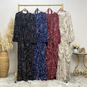 6669# <b>Summer</b> Fashion Small Flower Dress Crew Neck Elasticaed Sleeve Maxi Printed Vacation Dresses With Side Drawstring 4 Colors - Product Image 6
