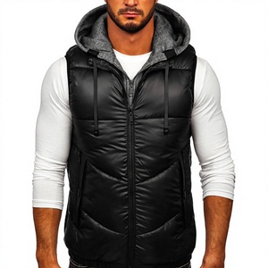 <b>Men's</b> <b>Black</b> Hooded Puffer <b>Vest</b> With Zipper Closure Casual Winter Outerwear 100% Polyester - Product Image 1